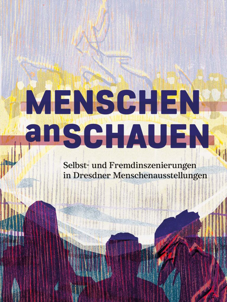 Das Bild zeigt das von einer Künstlerin gestaltete Cover des Begleitbuches zur Ausstellung. Im unteren Bereich sind Schemen verschiedener Menschen zu erkennen. Im Hintergrund befindet sich ein angedeutetes, großes Auge. 